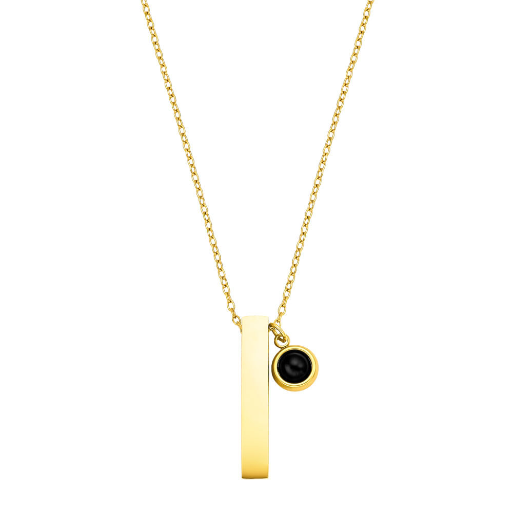 Colar Life Masculino Placa Aço Dourado e Ágata Preta