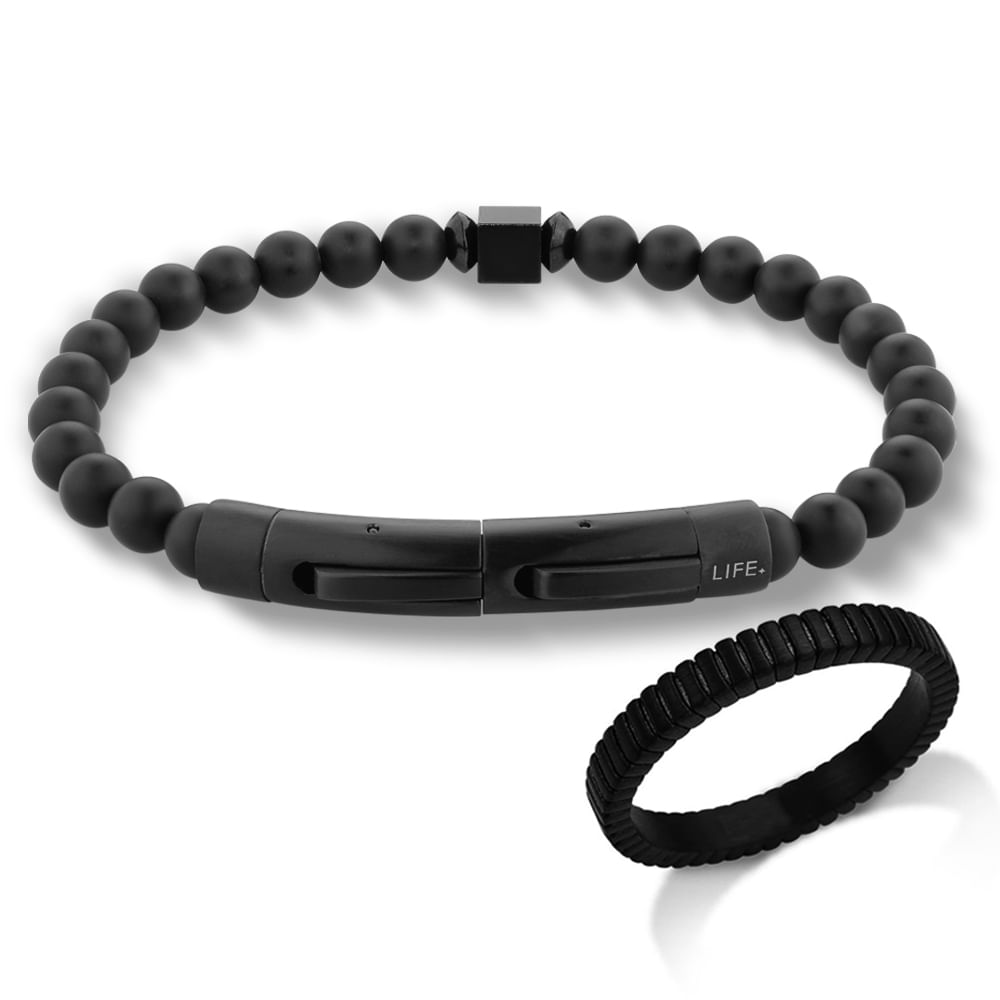 Kit Life Masculino Pulseira Ágata Preta Fosca e Anel com Textura