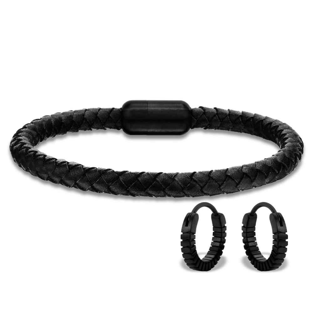 Kit Life Masculino Pulseira Couro Trançado e Brinco com Textura