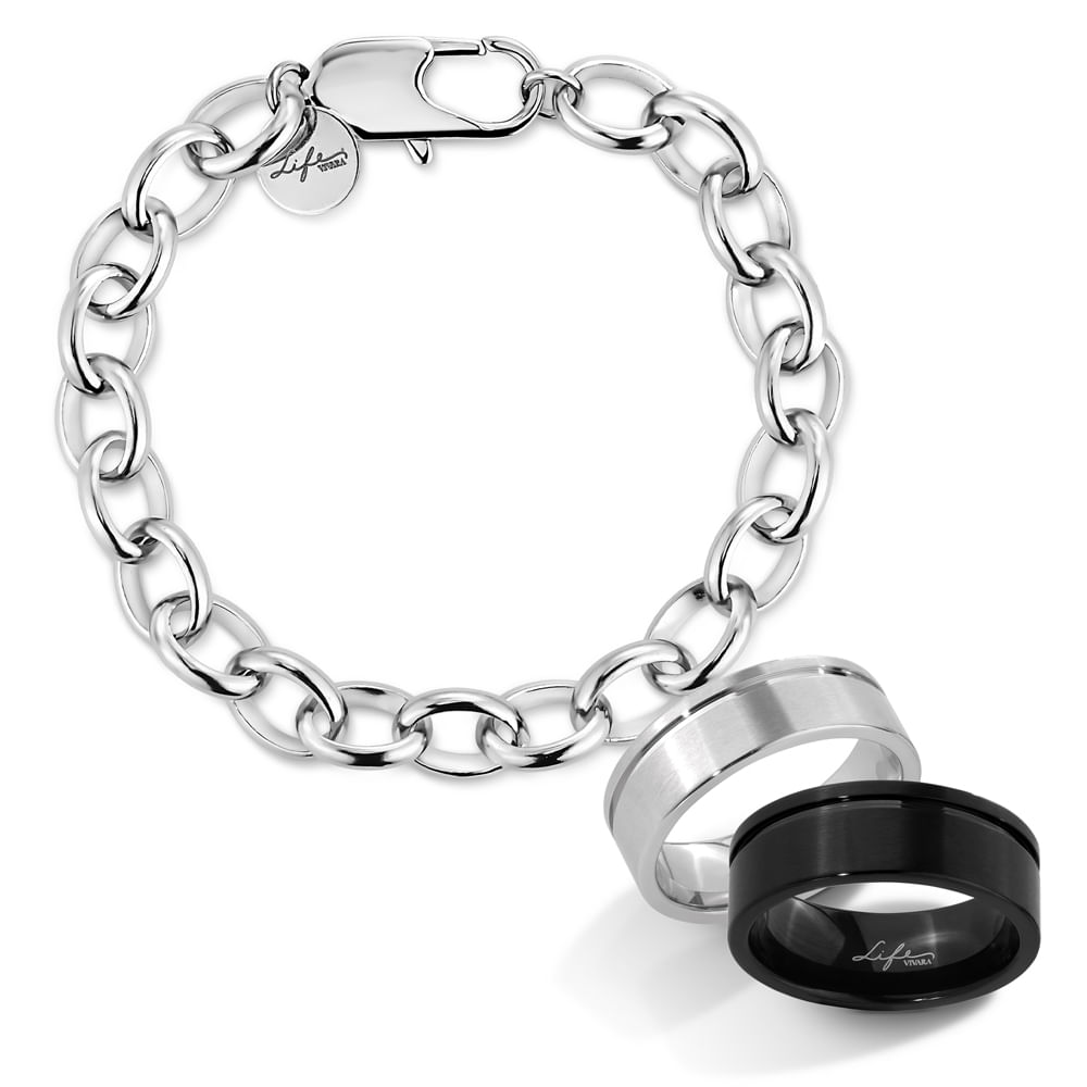 Kit Life Masculino Pulseira Aço e Anéis Friso
