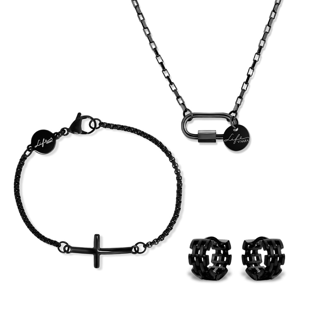 Kit Life Masculino Pulseira Cruz, Colar Mosquetão e Brinco