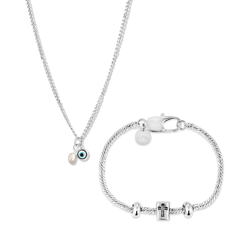 Kit Life Masculino Pulseiras e Colar Pérola e Olho Grego