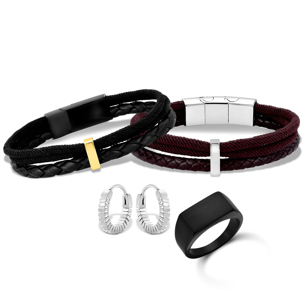 Kit Life Masculino Pulseiras Couro, Brinco Textura e Anel