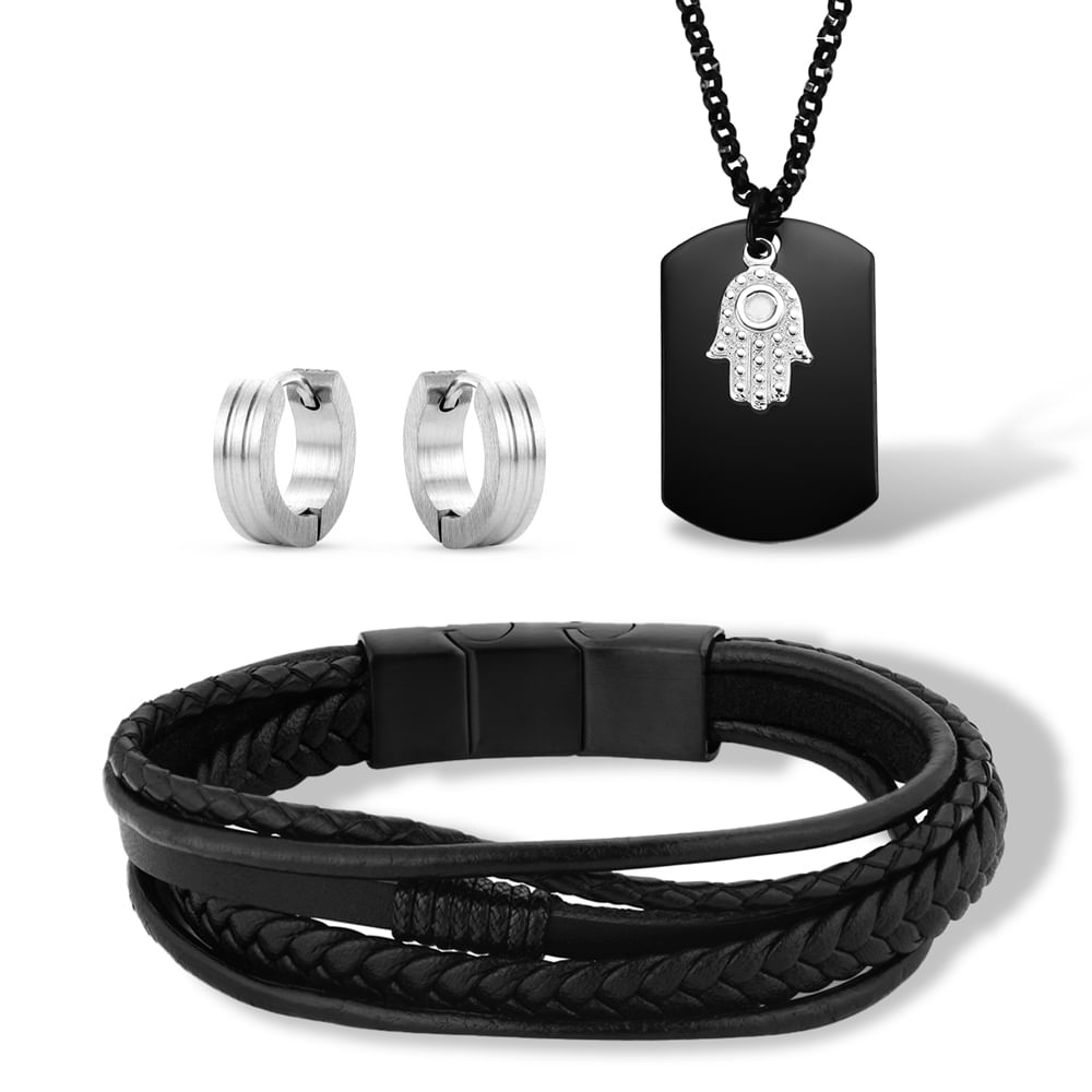 Kit Life Masculino Pulseiras Couro, Brinco Frisos e Colar Hamsá