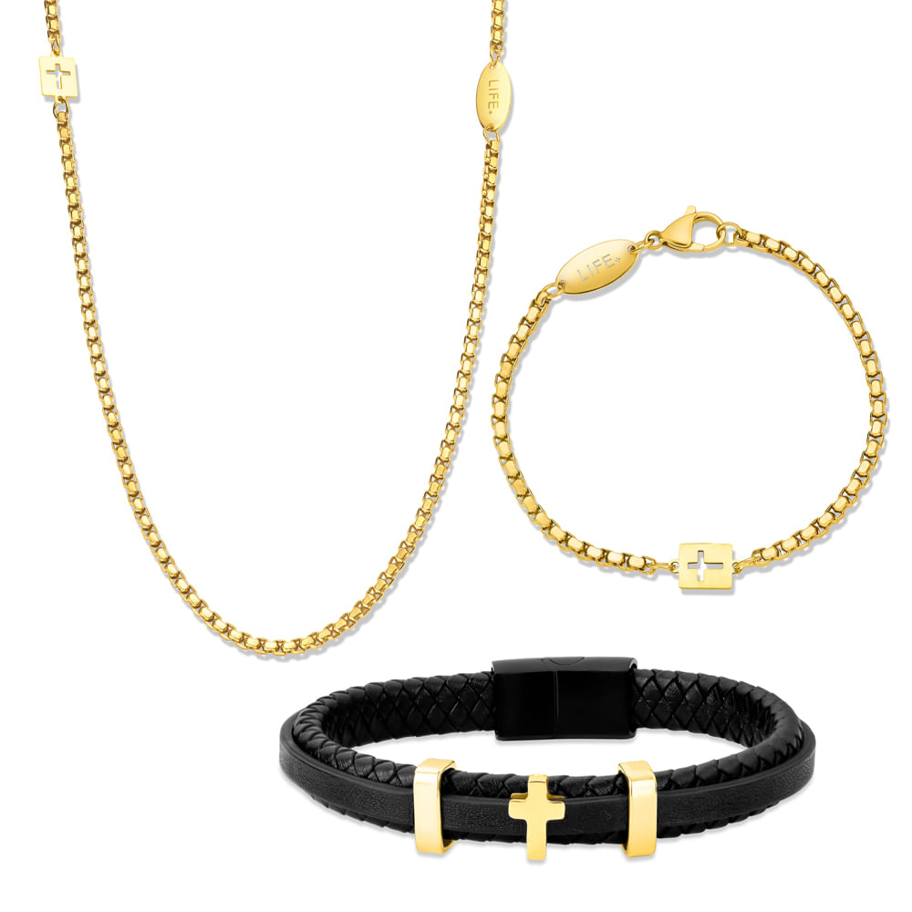 Kit Life Masculino Pulseira Couro e Colar Aço Dourado