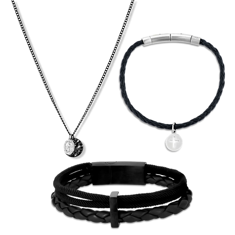 Kit Life Masculino Pulseiras Couro e Colar Medalha Maria