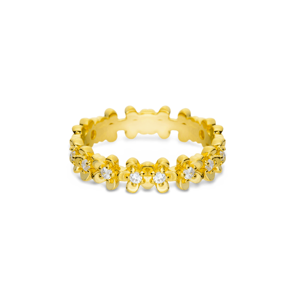 Anel Life Flora Miosótis em Prata 925 com Banho de Ouro Amarelo 18k e Pedras Incolores