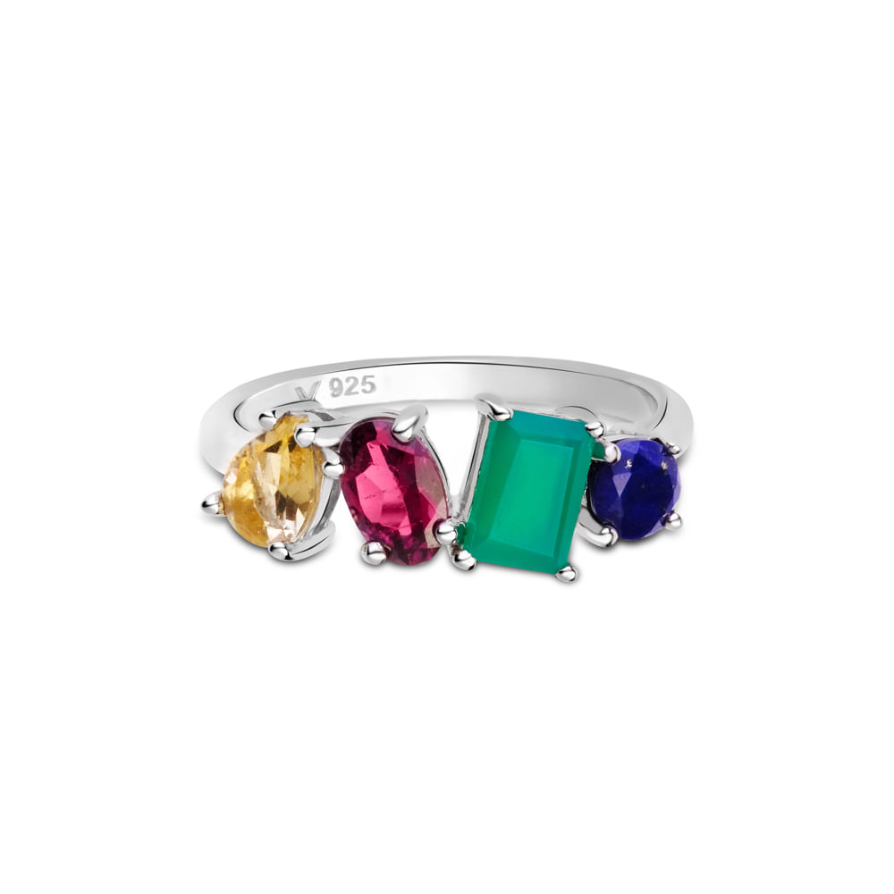 Anel Life Rainbow em Prata 925 com Lápis Lazuli, Ágata Verde, Rodolita e Citrino