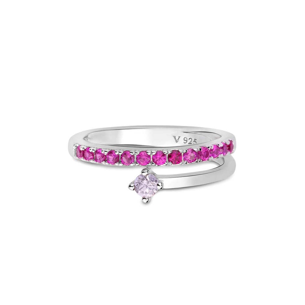 Anel Life Pink Duplo em Prata 925 com Pedras Rosas