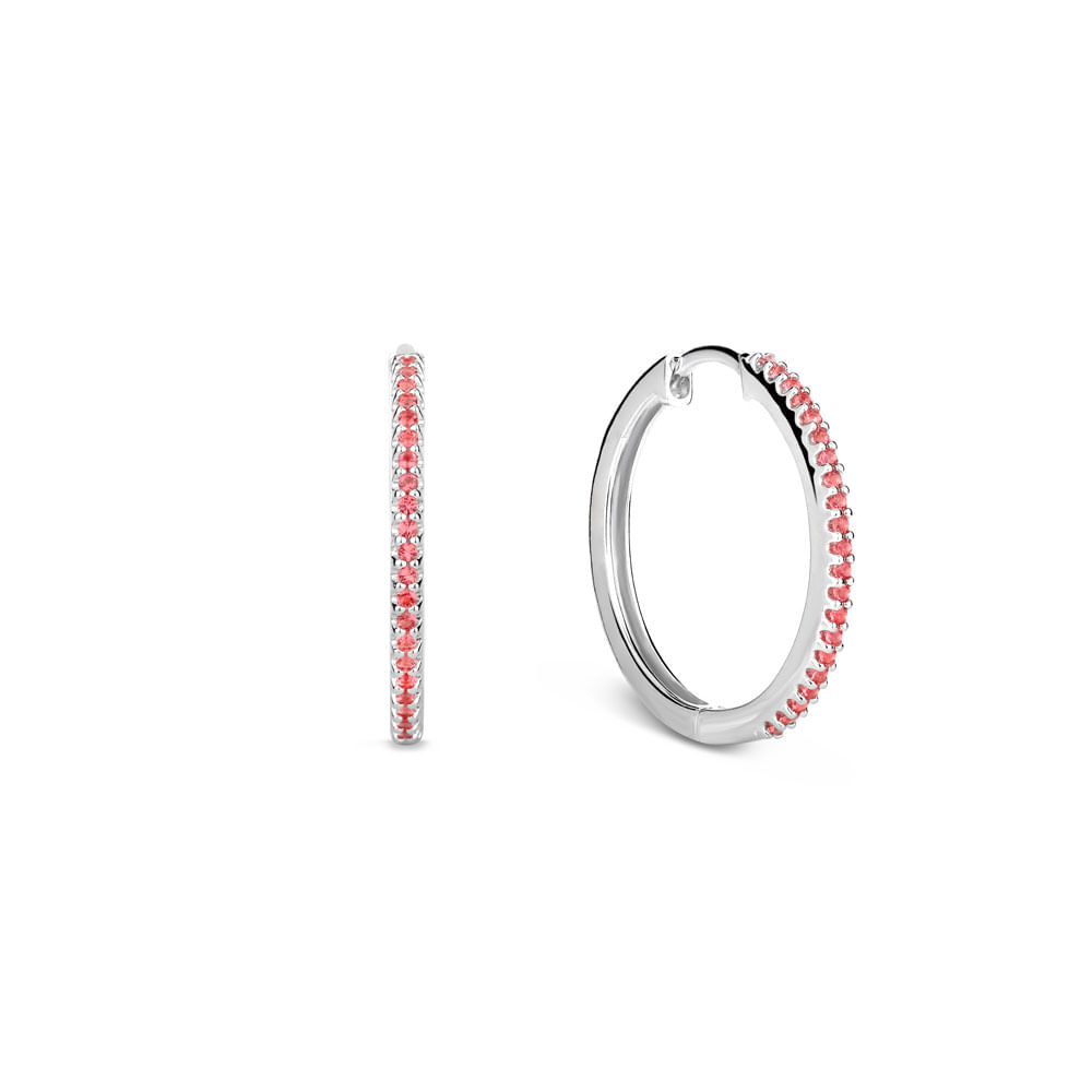 Argola Life Pavê em Prata 925 com Pedras Vermelhas, 16 mm