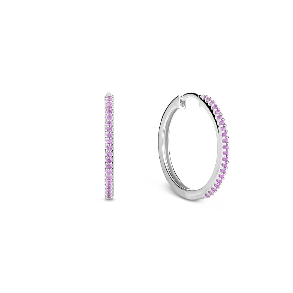 Argola Life Pavê em Prata 925 com Pedras Roxas, 18mm