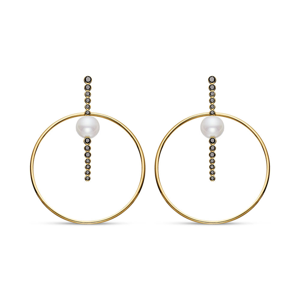 Brinco Una em Ouro Amarelo 18k com Pérolas e Diamantes Negros