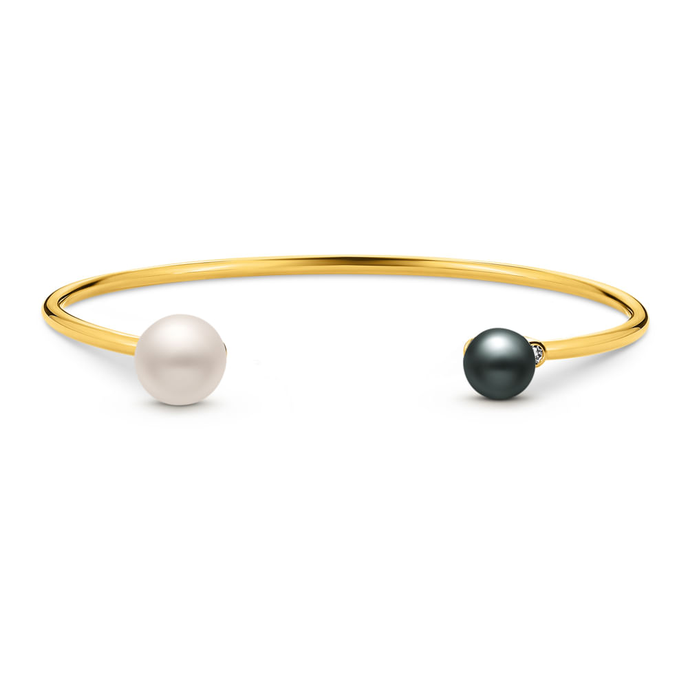 Pulseira Una em Ouro Amarelo 18k com Pérola Branca, Pérola Negra e Diamantes
