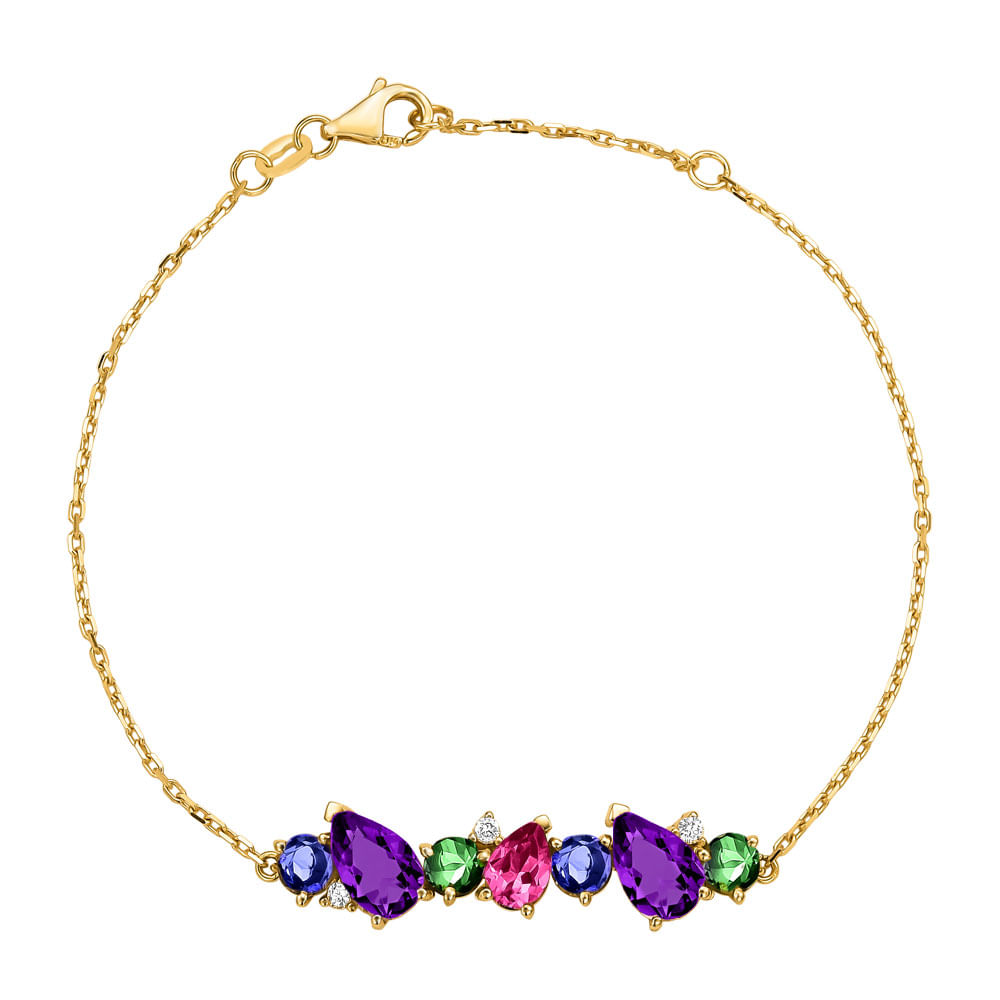 Pulseira Pietre em Ouro Amarelo 18k com Ametista Roxa, Turmalinas Rosa, Turmalinas Verde, Iolitas e Diamantes