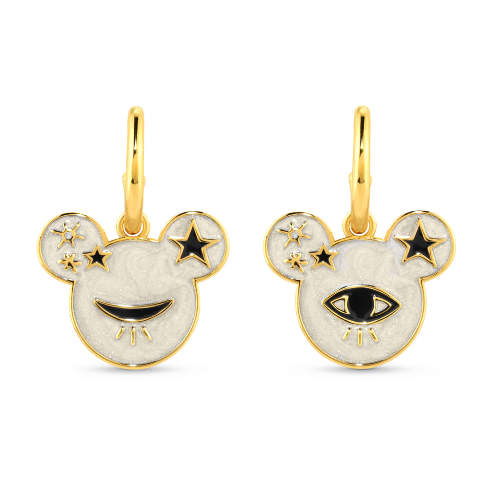 Brinco Argola Life Olho Mickey Disney em Prata 925 com Banho de Ouro Amarelo 18k e Esmalte, 47 mm