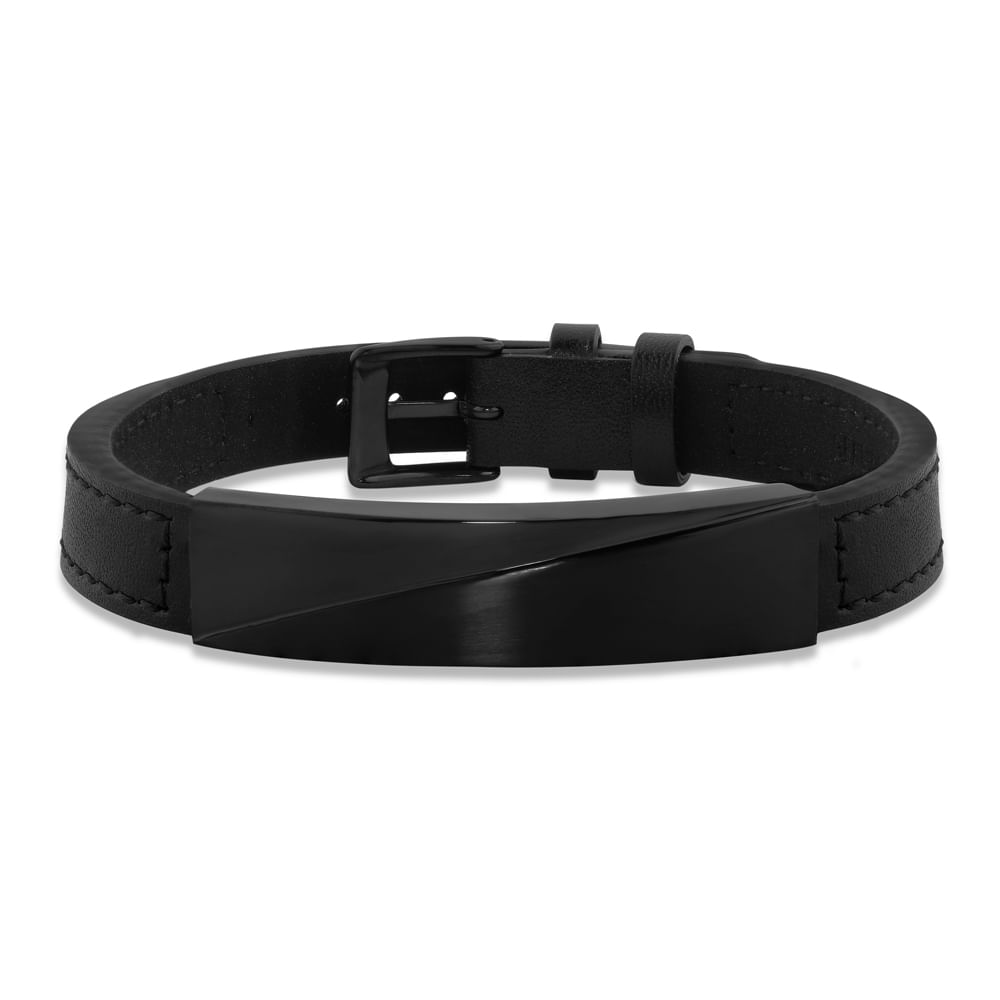 Pulseira Mott em Couro Preto e Aço Negro