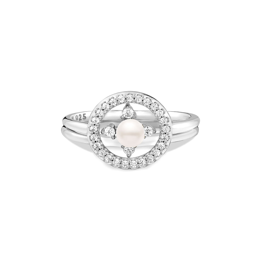 Anel Life You and Me II em Prata 925 com Esfera Perolada e Pedras Incolores