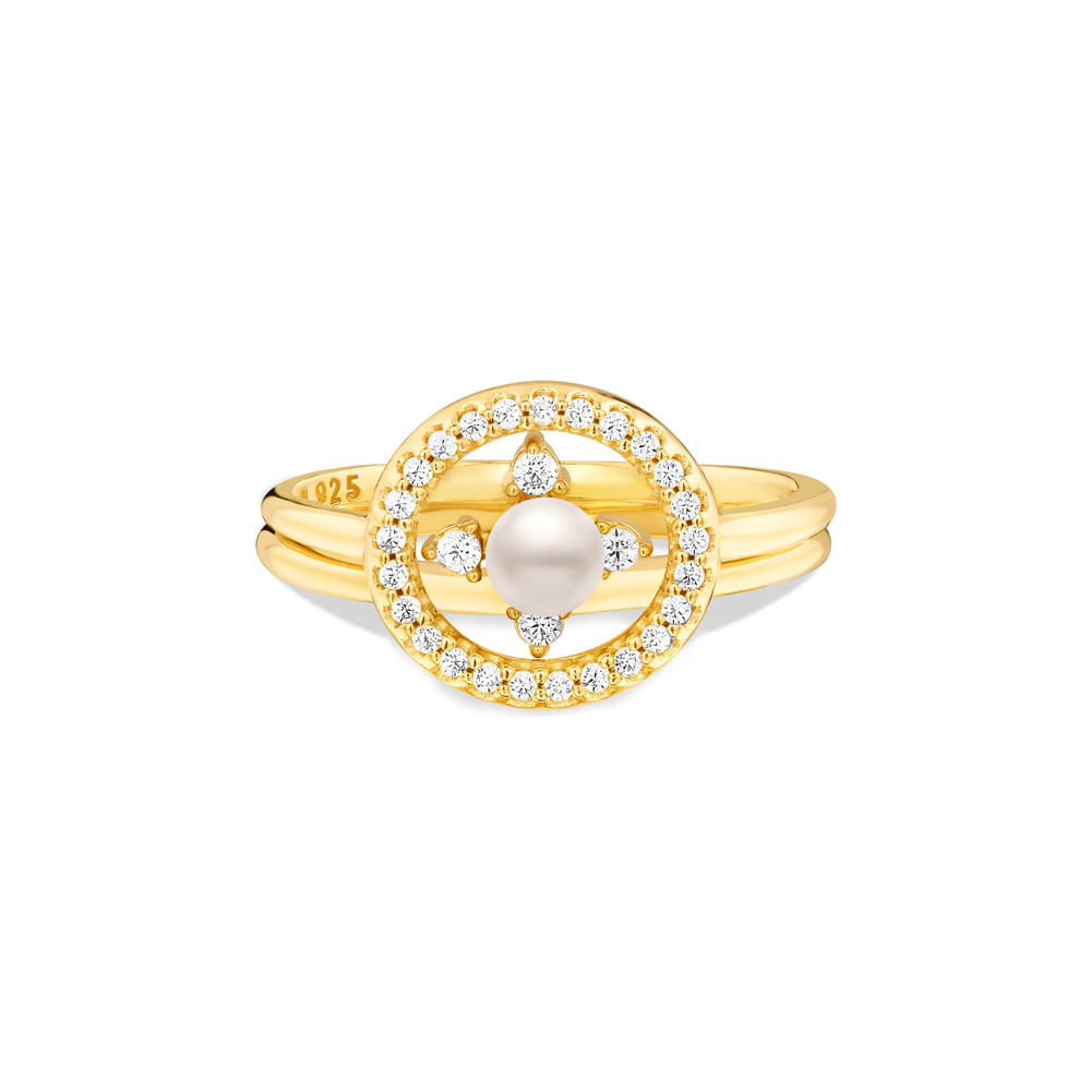 Anel Life You and Me II em Prata 925 com Banho de Ouro Amarelo 18k, Esfera Perolada e Pedras Incolores
