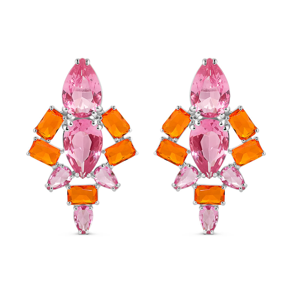 Brinco Life Royal Prata Cristal Laranja e Rosa