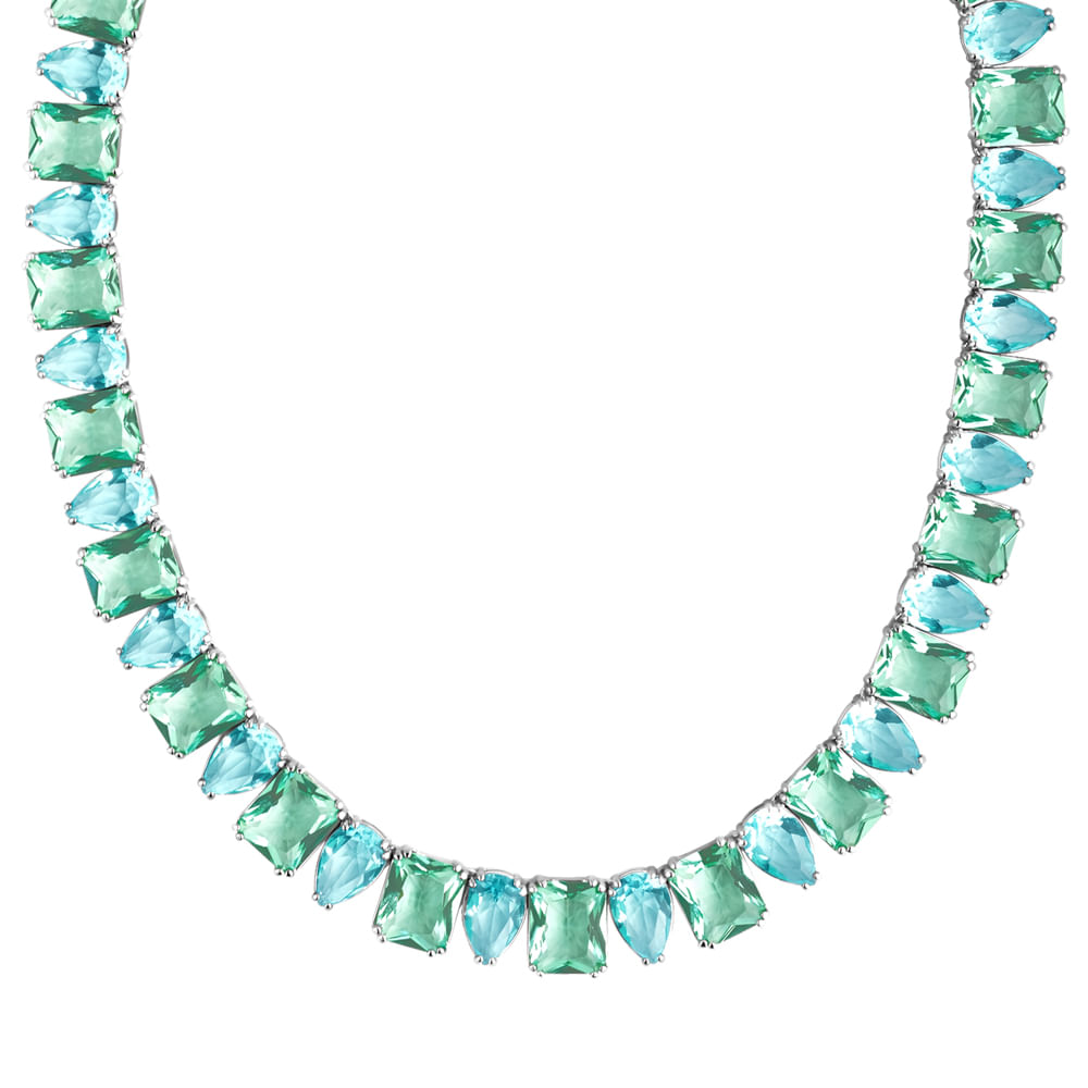 Colar Life Royal em Prata 925 com Pedras Verdes e Azuis, 45cm