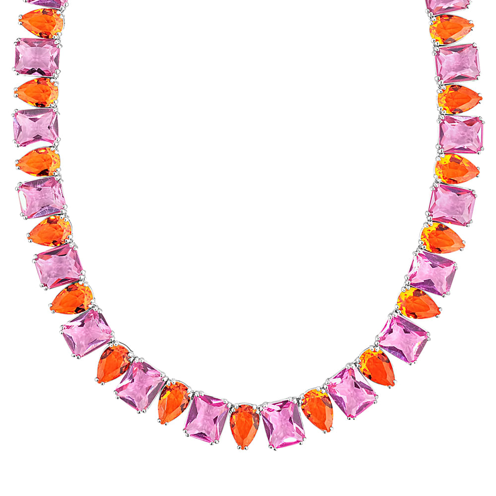 Colar Life Royal Prata Cristal Laranja e Rosa
