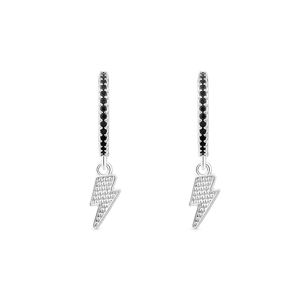 Brinco Argola Life Girl Power Raio em Prata 925 com Pedras Pretas, 29,3mm