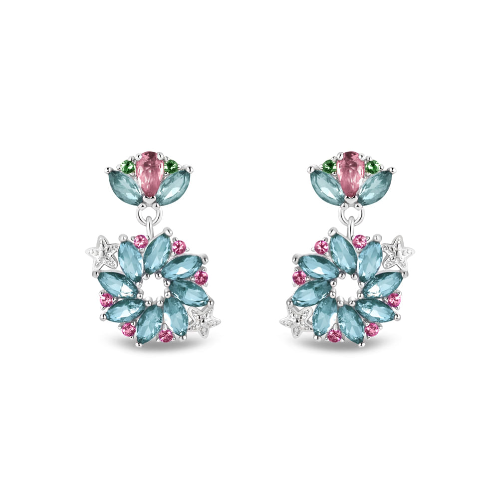 Brinco Life A Pequena Sereia Prata Cristal Azul e Rosa