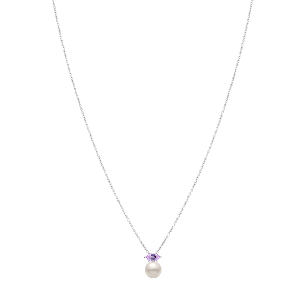 Colar Lavanda em Prata 925 com Pérola e Ametista Roxa, 45cm