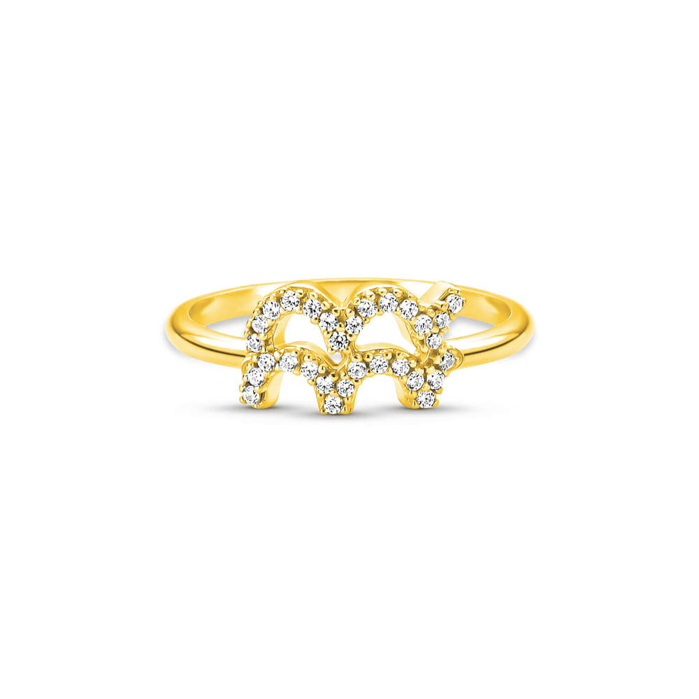 Anel Life Signo Aquário em Prata 925 com Banho de Ouro Amarelo 18k e Pedras Incolores