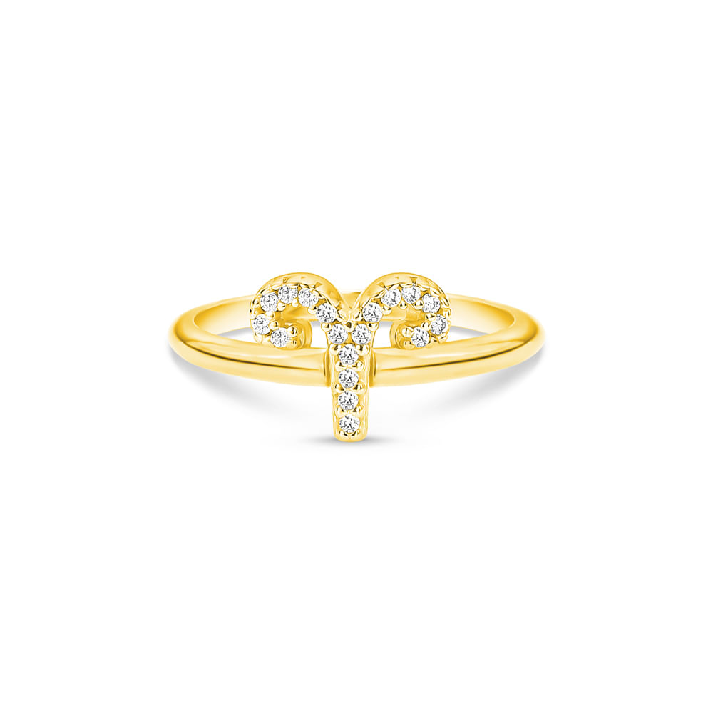 Anel Life Signo Áries em Prata 925 com Banho de Ouro Amarelo 18k e Pedras Incolores