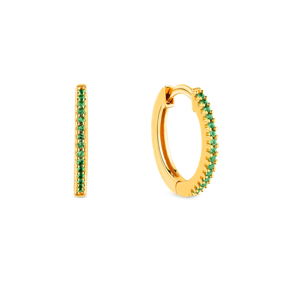 Brinco Argola Life Talismã em Prata 925 com Banho de Ouro Amarelo 18k e Pedras Verdes, 12mm