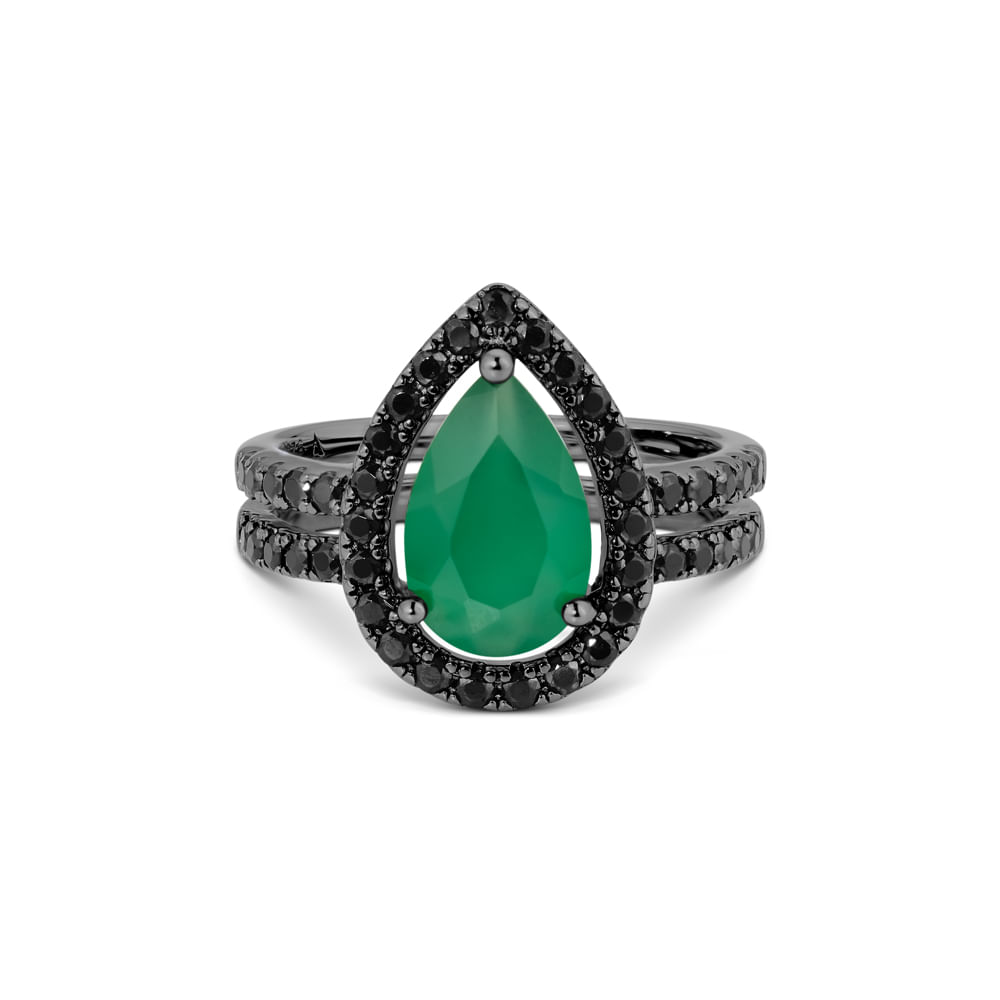 Anel Florest em Prata 925 com Ródio Negro, Calcedônia Verde e Espinélios