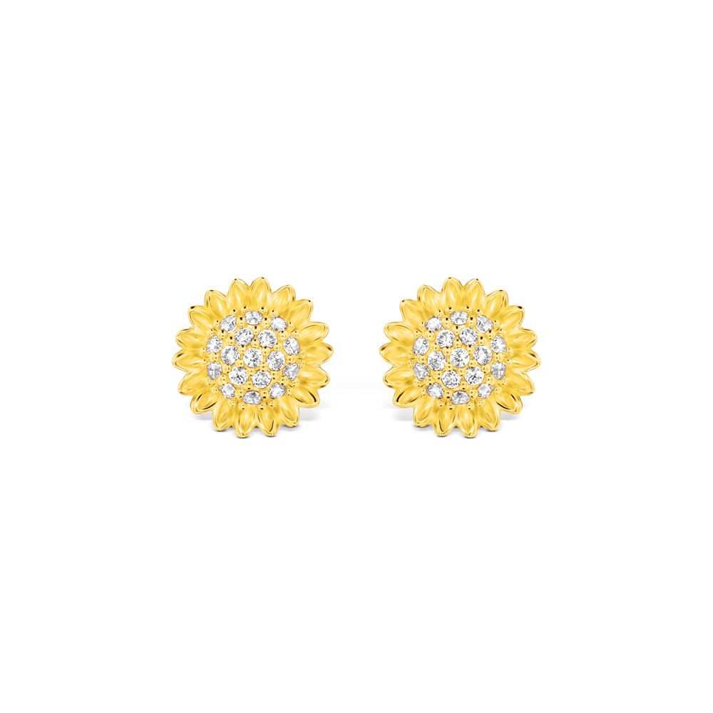 Brinco Life Flora Girassol Prata Com Banho Ouro Amarelo
