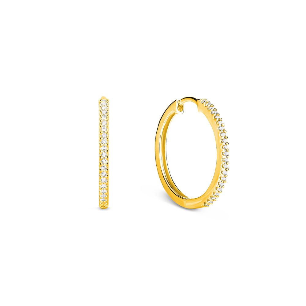 Argola Life Pavê em Prata 925 com Banho de Ouro Amarelo 18k e Pedras Incolores, 12mm