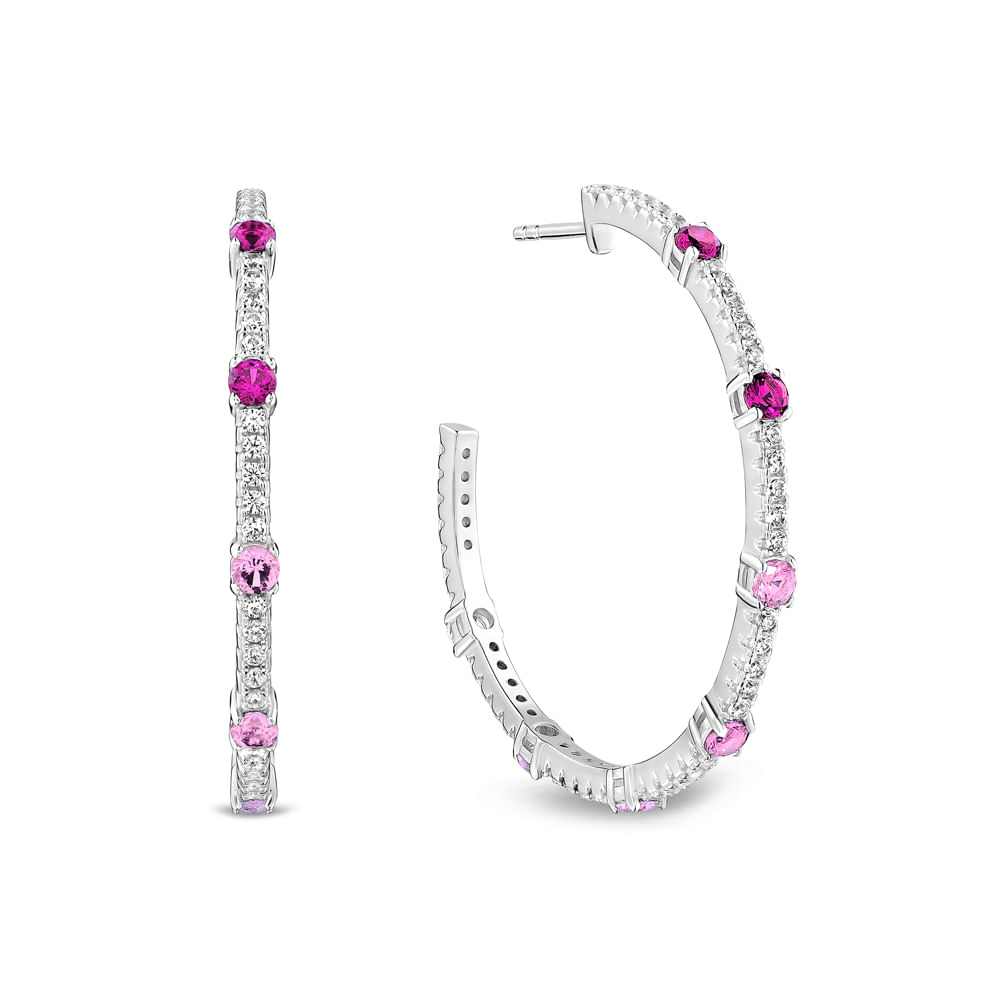 Brinco Argola Life Ocean em Prata 925 com Pedras Rosas e Incolores, 17,5 mm