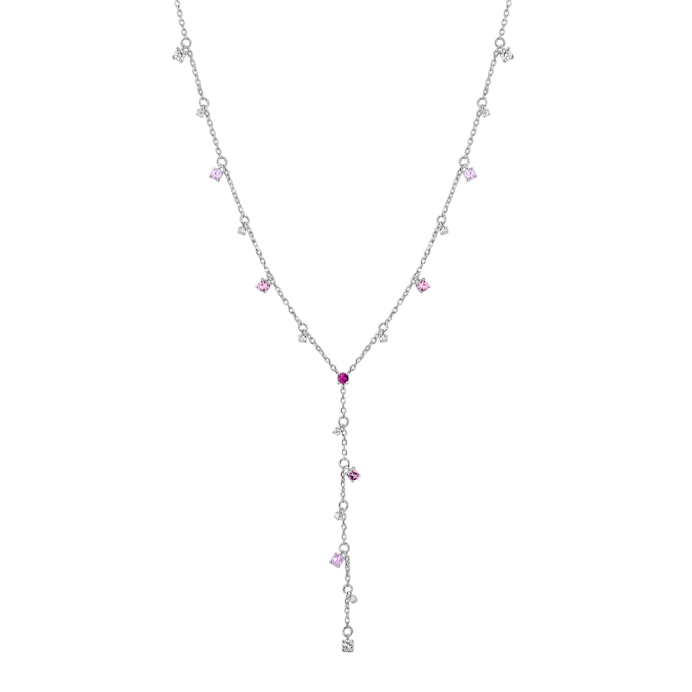 Colar Life Ocean Gravatinha Prata Cravejado Rosa e Incolor