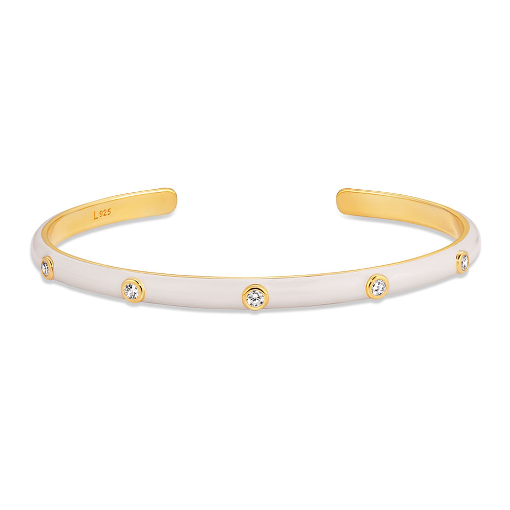 Bracelete Life Joyful Prata com Banho Ouro Amarelo Bege Cravejado