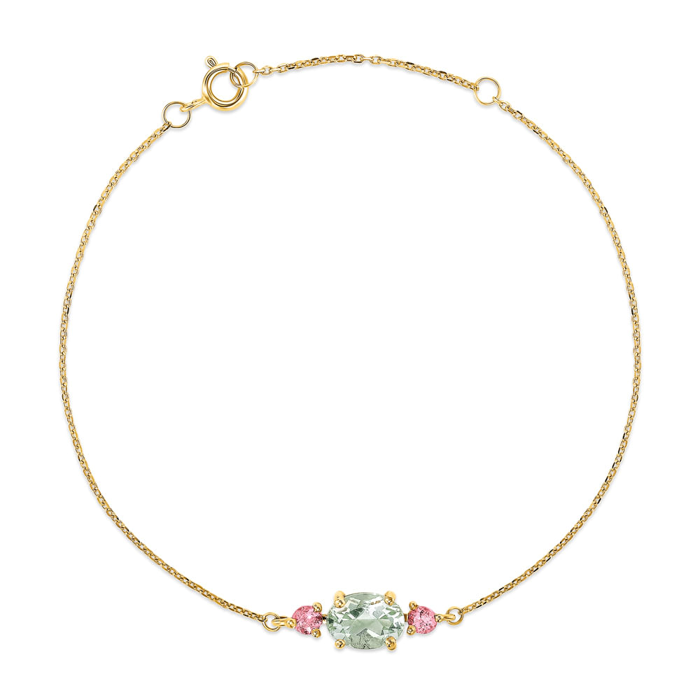 Pulseira Pietre em Ouro Amarelo 18k com Prasiolita e Turmalinas Rosa