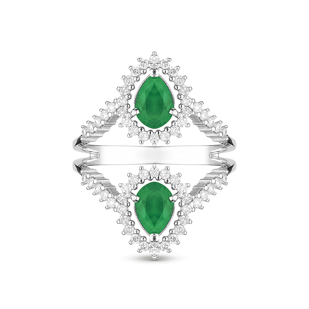 Anel Clássico em Ouro Branco 18k com Esmeralda e Diamantes