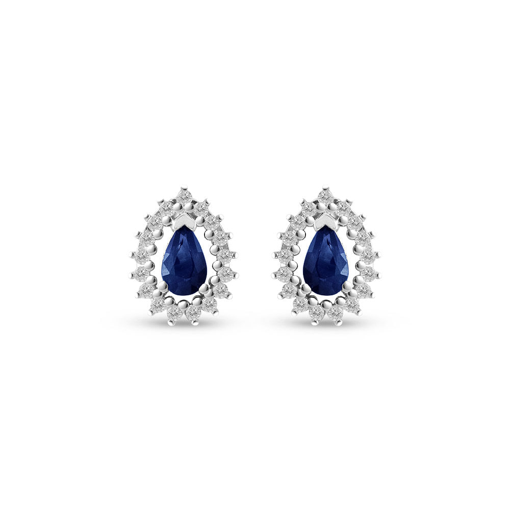 Brinco Classic Oriental Gota em Ouro Branco 18k com Safira Azul e Diamantes
