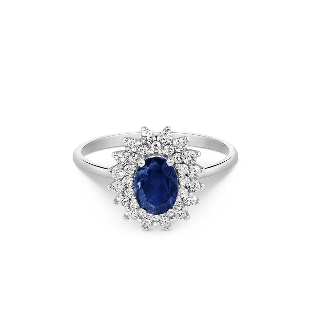Anel Clássico em Ouro Branco 18k com Safira Azul e Diamantes