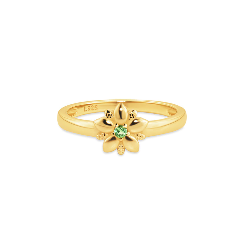 Anel Life Botânica em Prata 925 com Banho de Ouro Amarelo 18k e Pedra Verde
