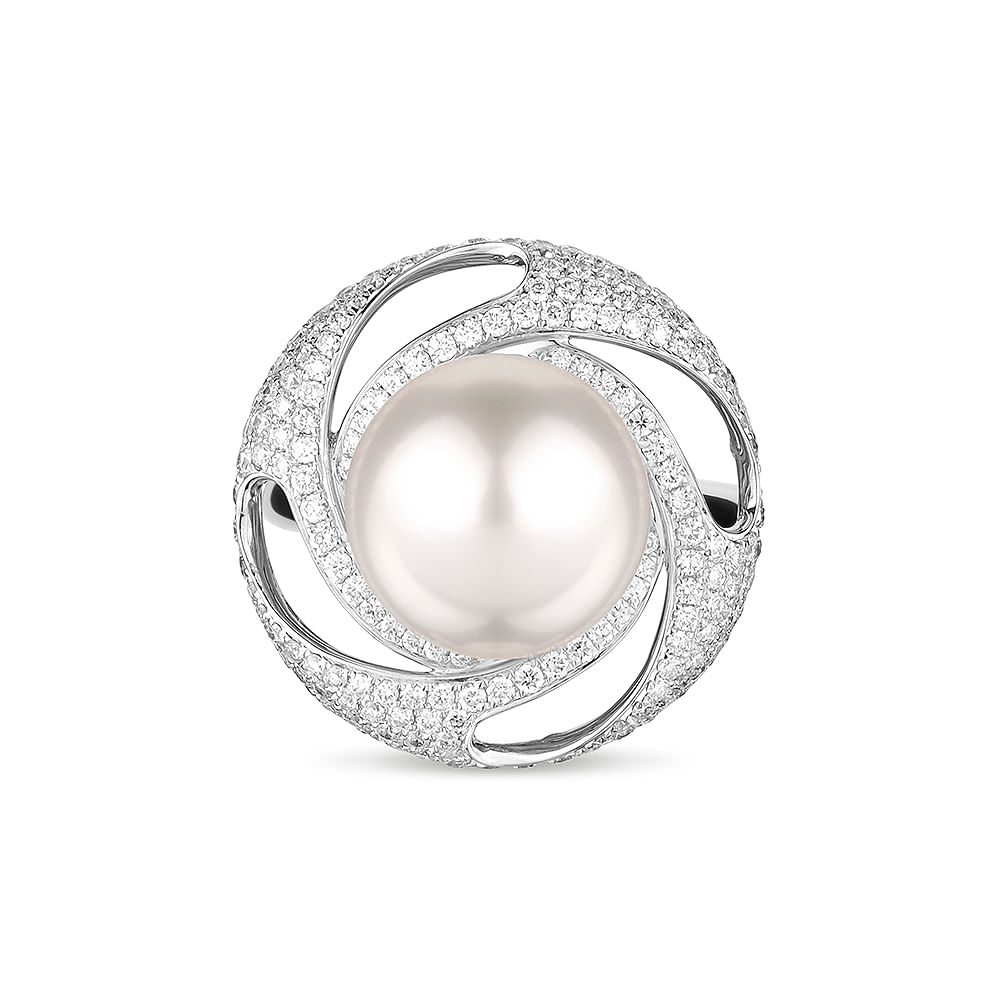 Anel Classico Especial Pérola em Ouro Branco 18k com Pérola e Diamantes