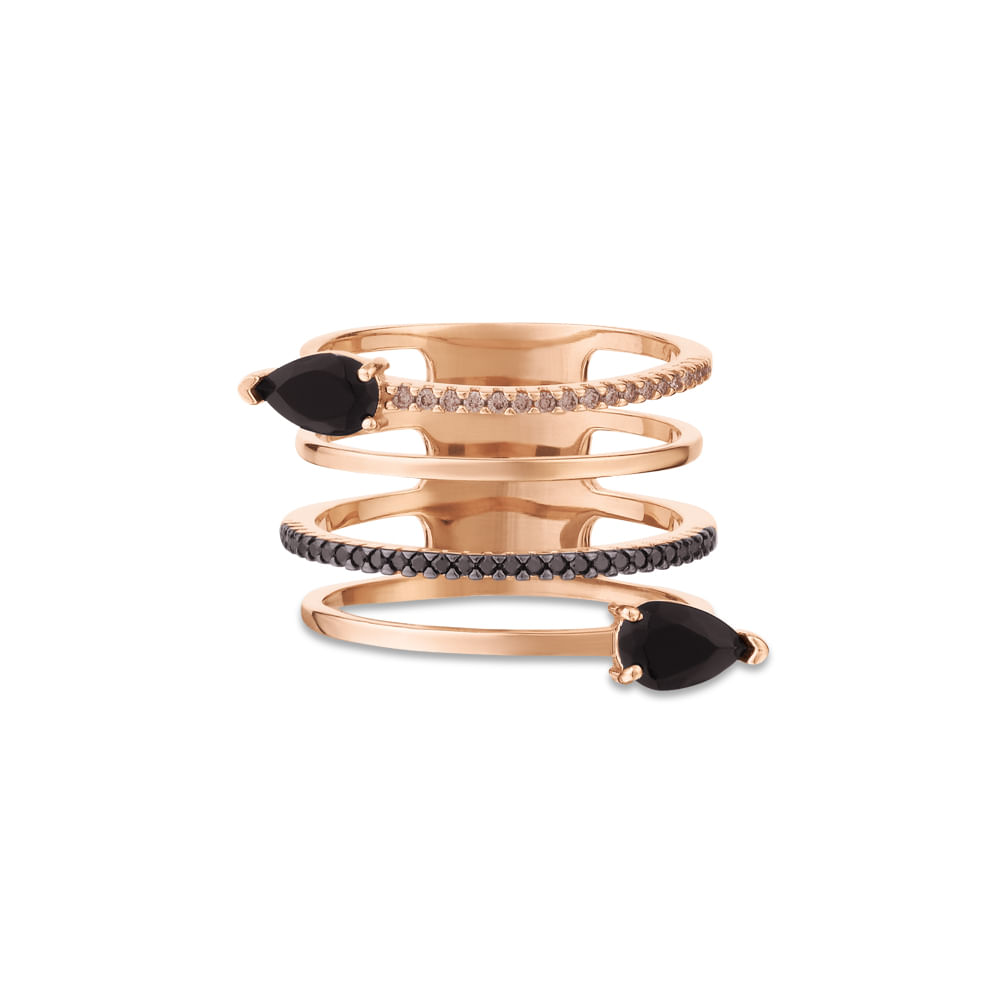 Anel Anelli em Ouro Rosé 18k com Quartzo Negros e Diamantes Negros
