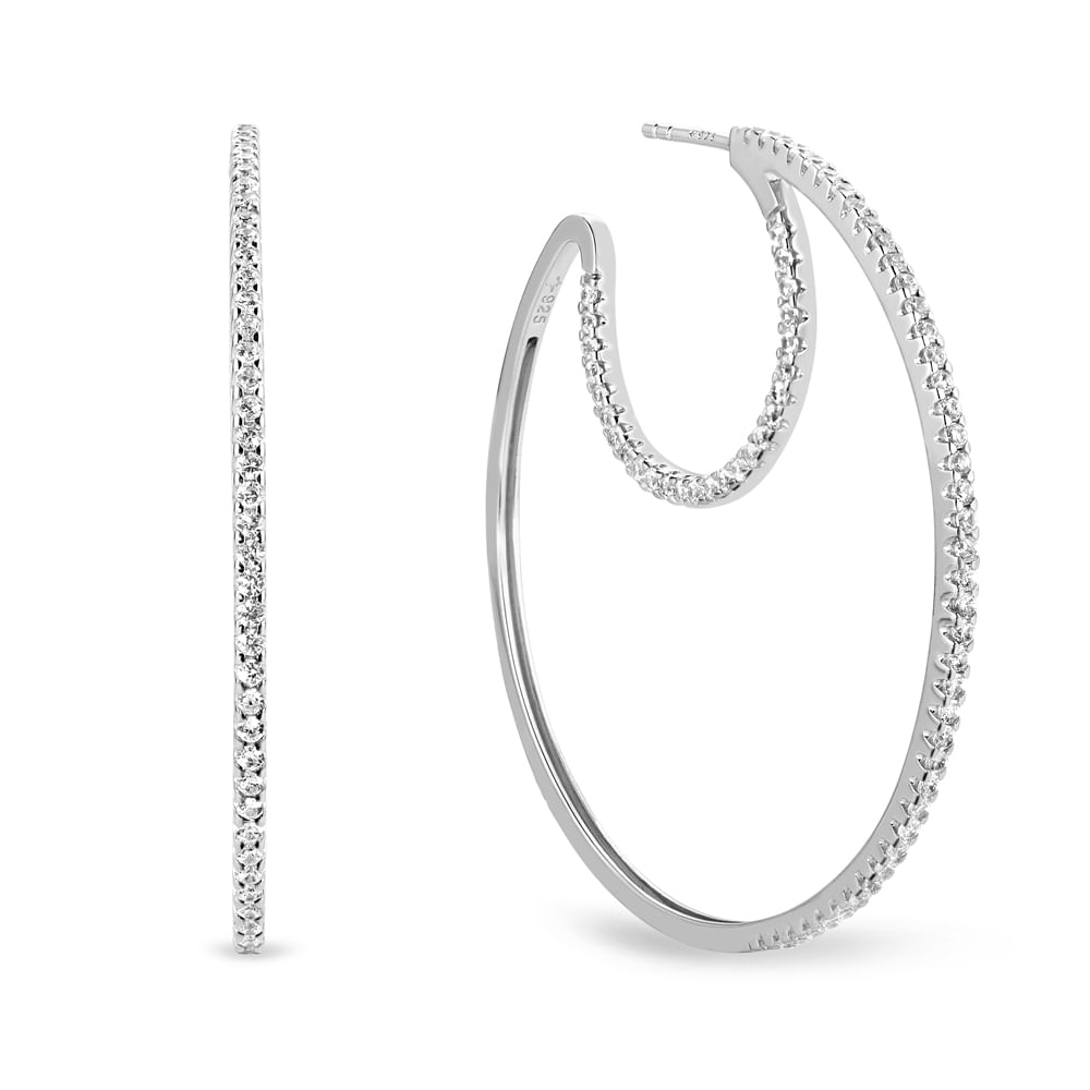 Brinco Argola Life Pavê em Prata 925 com Pedras Incolores, 30 mm