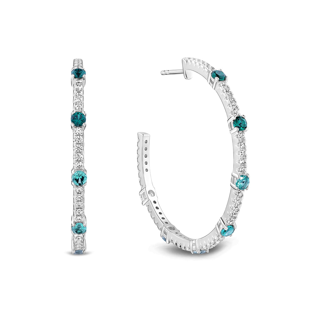 Brinco Argola Life Ocean em Prata 925 com Pedras Verdes e Incolores, 14 mm