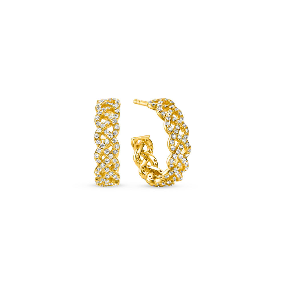 Brinco Argola Life Tranças em Prata 925 com Banho de Ouro Amarelo 18k e Pedras Incolores, 17,5 mm