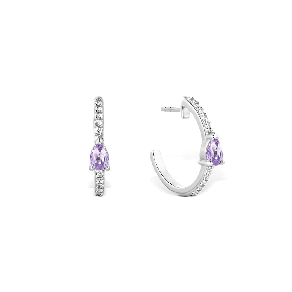 Brinco Argola Life Luna Gota em Prata 925 com Ametista, 23,3mm