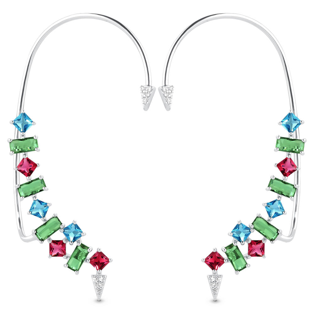 Brinco Life Coloré Prata Cristal Verde Rosa e Azul