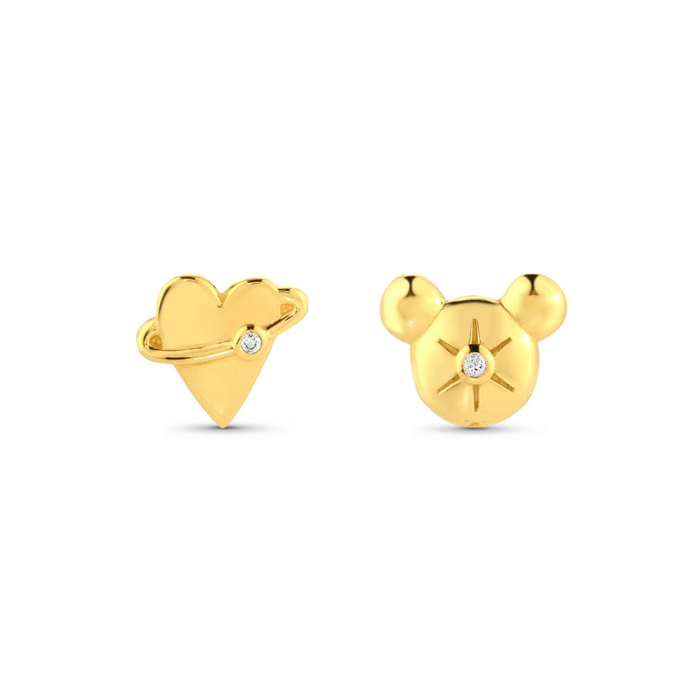 Brinco Life Coração Asterisco Disney Banhado Ouro Amarelo Cravejado